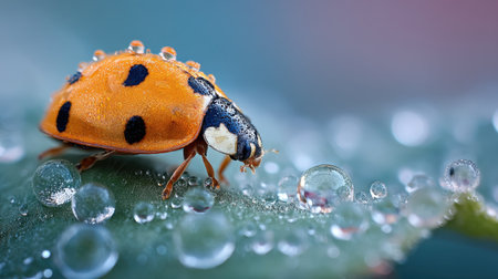 This stunning close-up image highlights a ladybug resting on a leaf, surrounded by glistening water droplets, illustrating the delicate beauty of nature.の素材
