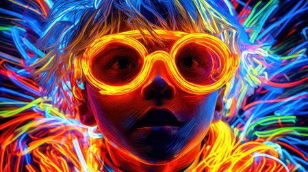 A captivating portrait of a child with vibrant neon hair and glasses, surrounded by a mesmerizing glow, showcasing creativity and imagination.の素材