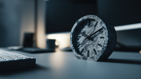 A stylish and modern desk clock made of stone sits elegantly on a minimalist office desk, enhancing the workspace's aesthetic charm and functionality.の素材