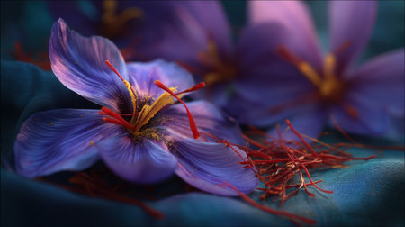 A stunning close-up of a vibrant purple flower featuring delicate red stigmas, beautifully arranged against a soft fabric backdrop, creating a serene atmosphere.の素材