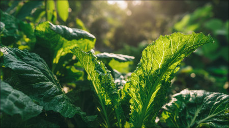 Close-up view of fresh green leafy vegetables illuminated by natural sunlight, showcasing vibrant textures and healthy foliage in a garden setting.の素材