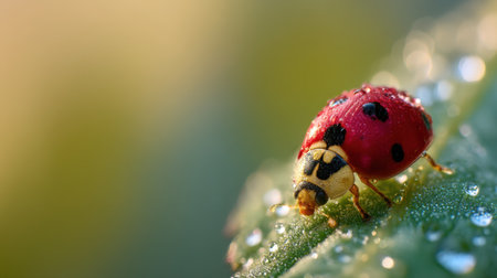 A vivid ladybug crawls on a dewy leaf, illuminated by soft morning light, showcasing intricate details and natural beauty in a serene garden setting.の素材