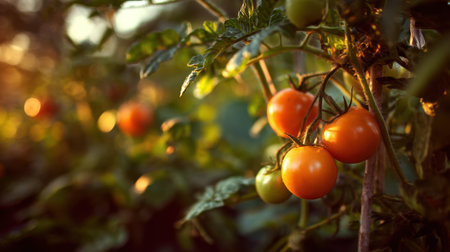 This image captures bright orange tomatoes hanging on a lush green vine in a sunlit garden during golden hour, showcasing nature's vibrant colors.の素材