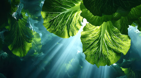 Experience the serene beauty of vivid green lettuce leaves illuminated by gentle rays of sunlight in an underwater setting, capturing nature's tranquility.の素材