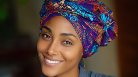 A beautiful portrait of a smiling woman wearing a colorful headwrap. Her warm expression and natural light create an inviting and joyful atmosphere.の素材