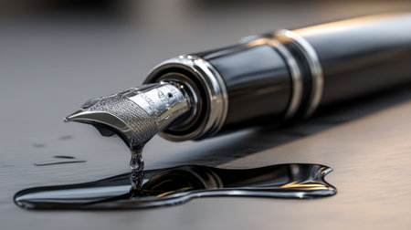 A close-up view of a luxurious fountain pen with ink dripping onto a sleek surface, showcasing the beauty of writing and artistic expression.の素材