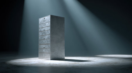 A striking image of a metal filing cabinet illuminated by beams of light in a dark room, creating a dramatic and mysterious atmosphere that highlights its form.の素材