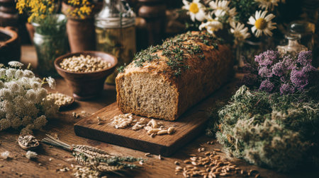This image features a freshly baked rustic loaf of bread, surrounded by a beautiful arrangement of natural ingredients and greenery, creating a cozy kitchen atmosphere.の素材