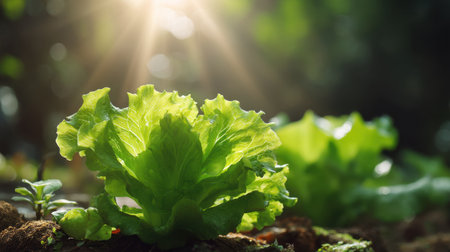 A vibrant head of fresh lettuce basking in sunlight, showcasing its crisp leaves in a natural garden setting, symbolizing healthy agriculture.の素材