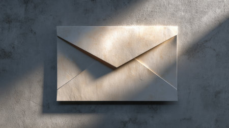 A visually striking white envelope rests on a textured gray background, illuminated by soft lighting, creating an elegant and minimalist composition ideal for showcasing communication concepts.の素材