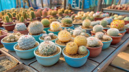 A charming arrangement of various cacti in colorful pots captured in a serene greenhouse setting, showcasing nature unique beauty and diversity.の素材