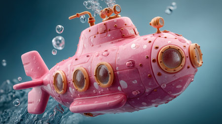This charming pink submarine toy emerges from sparkling bubbles in an imaginative underwater scene, perfect for capturing playful moments.の素材