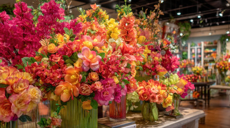 A stunning display of vibrant flowers fills a charming floral shop, showcasing exquisite arrangements that highlight the beauty of nature.の素材
