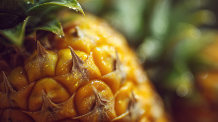 This close-up photograph captures the intricate texture of a fresh pineapple, highlighting its vibrant colors and raindrops on its surface.の素材