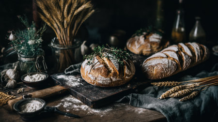 Beautifully arranged rustic bakery scene featuring freshly baked bread topped with herbs, surrounded by natural ingredients, creating a warm and inviting atmosphere.の素材