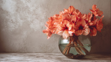 A stunning arrangement of orange flowers in a clear glass vase filled with water, set against a soft textured background, ideal for decor.の素材