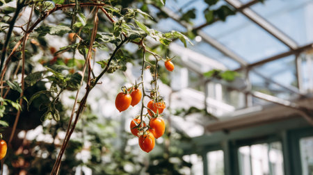 Close-up view of vibrant orange tomatoes hanging from a lush green vine, showcasing healthy growth in a bright glass greenhouse. Perfect for gardening and agriculture themes.の素材