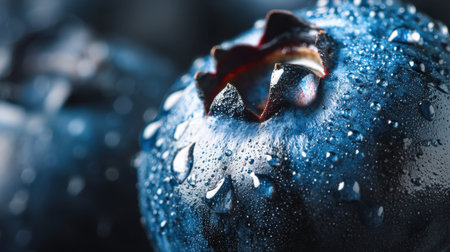 A close-up view of fresh blueberries covered in water droplets, showcasing their rich color and textural details, perfect for healthy food themes.の素材