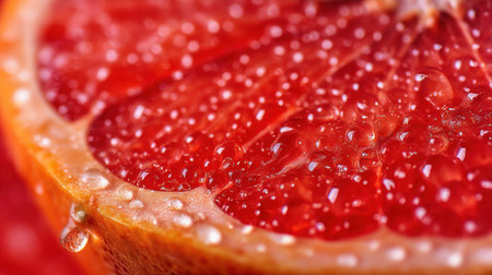 A captivating close-up of a fresh grapefruit slice showcases its juicy red flesh and glistening water droplets, emphasizing freshness and texture.の素材