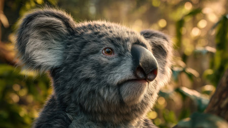 A striking close-up of a koala bear in its natural habitat, showcasing its expressive eyes and soft fur amidst a vibrant, sunlit forest.の素材