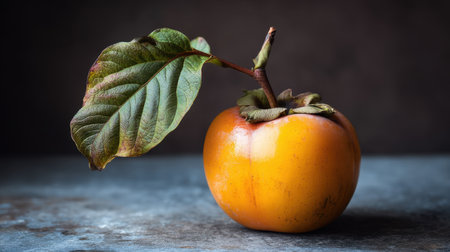 A vibrant orange persimmon fruit featuring a green leaf, beautifully staged against a dark textured background. Perfect for food photography themes.の素材