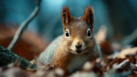 This close-up image features a cute squirrel peeking through the leaves in a serene forest setting, showcasing its charm and natural behavior.の素材