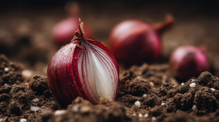 A striking close-up of a freshly harvested red onion resting on dark soil. The image highlights agricultural beauty, vibrant colors, and natural textures, perfect for food-related projects.の素材