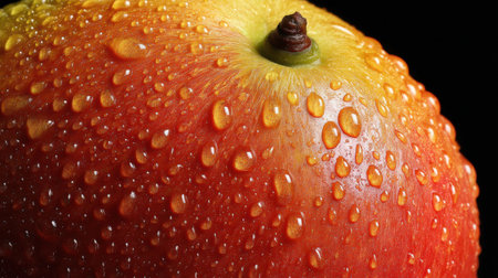 A vivid close-up of a fresh red apple adorned with glistening water droplets, highlighting its vibrant color and healthy appeal. Ideal for food-related themes.の素材