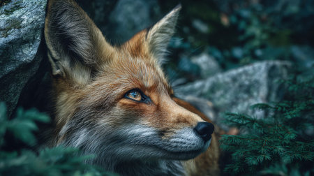 A stunning close-up of a fox in its natural habitat, showcasing its striking features and gaze amidst a backdrop of foliage and rocks.の素材