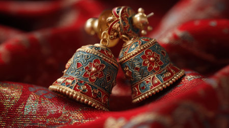 This image showcases exquisite traditional Indian earrings featuring intricate designs and vibrant colors, perfectly set against a rich red fabric.の素材