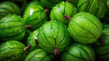 An inviting display of fresh green fruits glistening with water droplets, showcasing vibrant colors and natural textures perfect for culinary inspirations.の素材