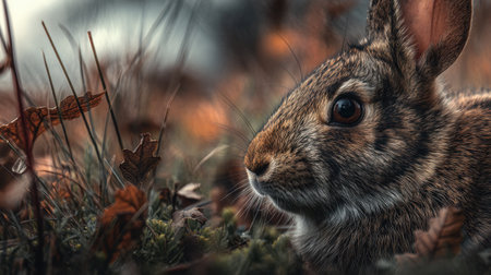 This close-up image captures a brown rabbit nestled in autumn grass, showcasing its expressive eyes and delicate fur details amid fallen leaves.の素材