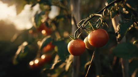 A picturesque view of vibrant red tomatoes growing on a vine under soft sunset light, showcasing the beauty of organic agriculture in a garden setting.の素材