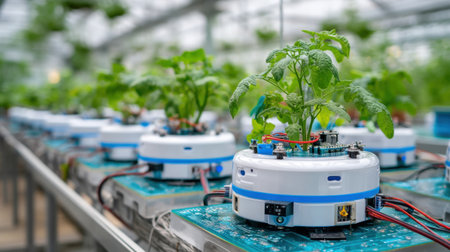 A cutting-edge robot carefully tending to tomato plants in a modern greenhouse, showcasing the intersection of technology and sustainable agriculture for efficient growth.の素材