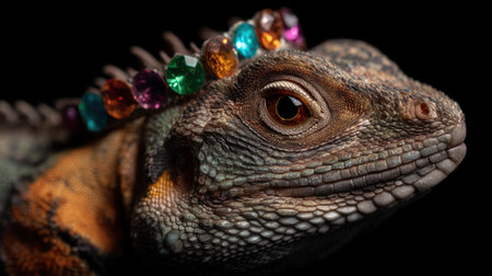 Explore the stunning details of a colorful lizard with a jewel crown, showcasing its unique beauty against a contrasting black background.の素材