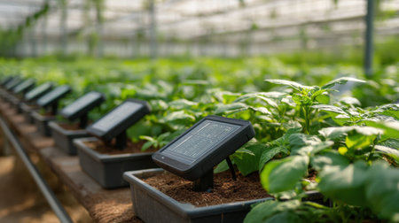 A modern greenhouse filled with plants being monitored by smart sensors, showcasing innovative technology that enhances agricultural efficiency.の素材