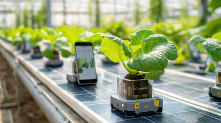 A modern greenhouse showcases innovative technology with smart systems for growing leafy greens, integrating smartphones for plant monitoring and optimal growth.の素材
