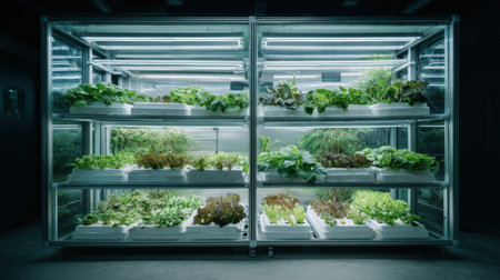 A cutting-edge indoor vertical farming system displays a vibrant array of leafy greens and herbs, promoting sustainable agricultural practices and healthy living.の素材
