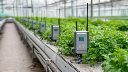 This image showcases advanced monitoring technology in a greenhouse, highlighting its role in promoting efficient plant growth and resource management.の素材