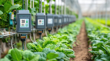 This image captures advanced sensor technology used for monitoring lettuce growth in a modern greenhouse. The sensors ensure optimal conditions for plant health.の素材