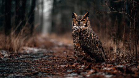 A majestic owl sits on a forest path, surrounded by fallen leaves and tall grass, captured in a misty morning light, embodying nature's beauty.の素材