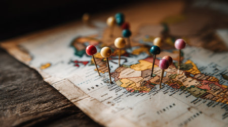 A vibrant map showcasing colorful push pins that mark various destinations across Africa and Europe, ideal for travel planning and exploration.の素材