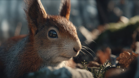 Adorable close-up of a curious squirrel resting among fallen leaves in a tranquil autumn forest, showcasing intricate details and soft lighting.の素材