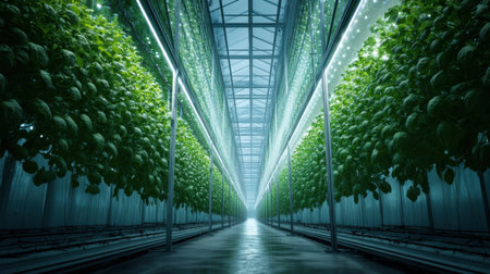 This image captures a stunning hydroponic greenhouse, showcasing lush leafy vegetables illuminated by bright LED lights. The environment reflects modern agricultural techniques focused on sustainability and efficiency.の素材