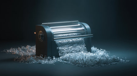 A sleek shredding machine operates in a dim studio, scattering freshly shredded paper across a dark surface, showcasing modern design and functionality.の素材