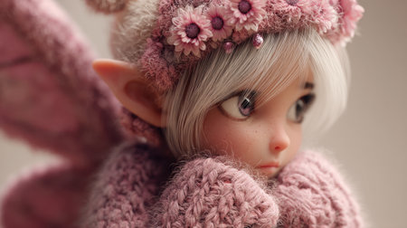 This captivating portrait features a charming fairy character adorned with a pink flower crown, wrapped in a cozy sweater, exuding whimsy and innocence.の素材