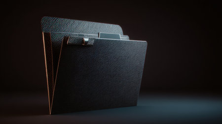 This image features two textured black file folders stacked elegantly against a dark background, illuminated by soft light, creating a professional and minimalist look ideal for business themes.の素材