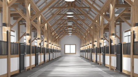 This image showcases the spacious interior of a modern barn featuring beautiful wooden beams and organized stalls, illuminated by natural light.の素材