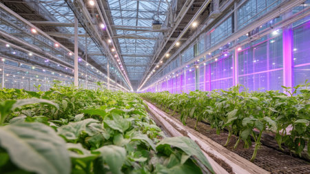 A modern greenhouse showcases rows of thriving basil plants illuminated by vibrant artificial lighting, reflecting advanced agricultural practices.の素材
