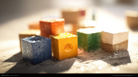 A collection of colorful building blocks covered in water droplets, illuminated by sunlight, creating a vibrant and playful scene. Perfect for themes of creativity, childhood, and learning.の素材
